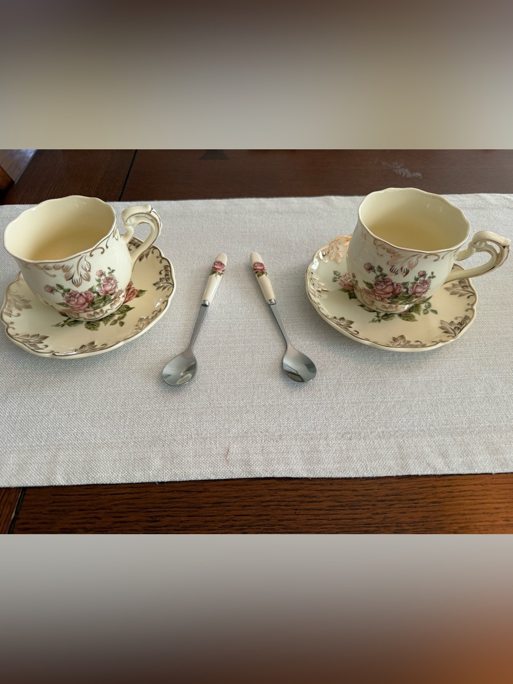 Cream Ceramic Handle Teaspoon Set with Pink Rose Accent